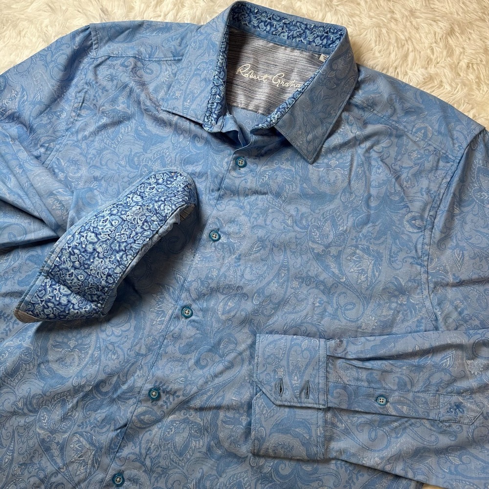 Robert Graham Flip Cuff Shirt Men XL Blue Paisley Jacquard Button Front